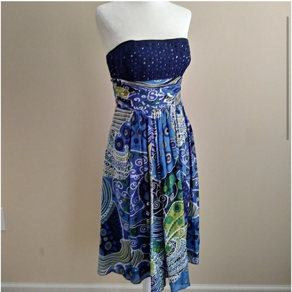 Anne Klein dress size 6 Midi Strapless silk Blue Green floral eyelet NWT